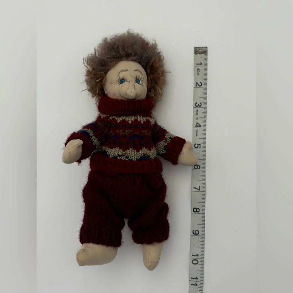 Handcrafted Plush Doll with Knitted Burgundy Sweater